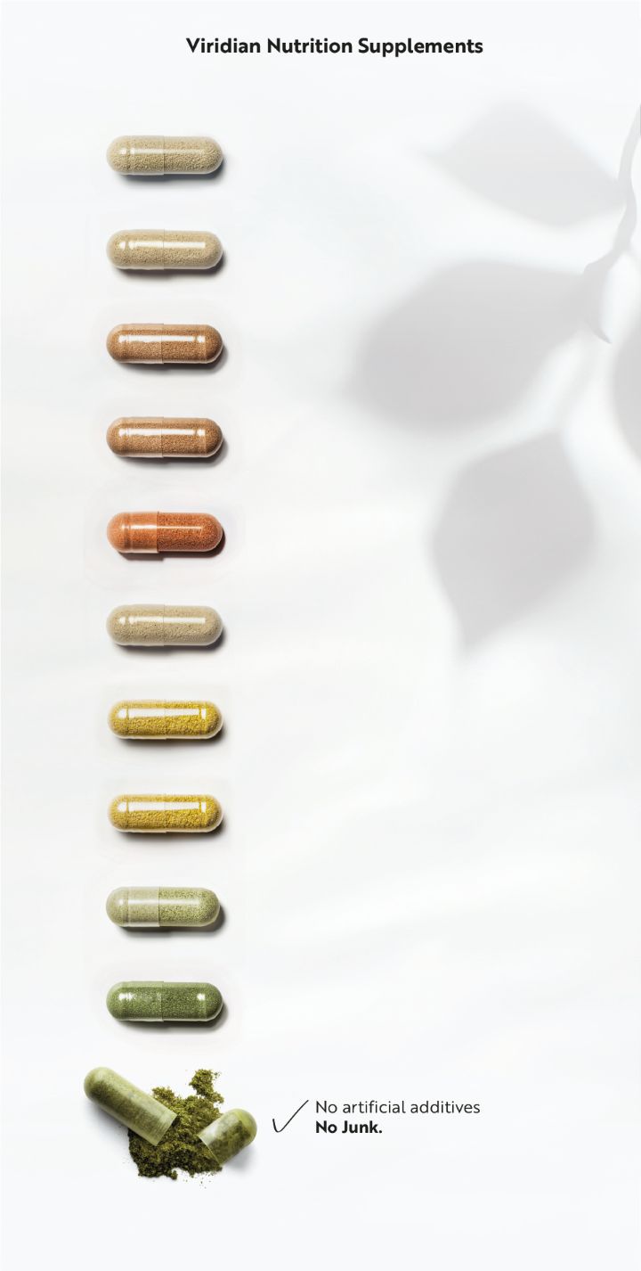 Row of Viridian nutritional supplements on a white background with no additives listed